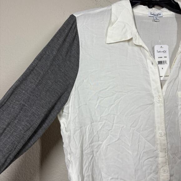 Splendid Medium Combo Roll Tab Sleeves Blouse White Gray Colorblock Button Up - Picture 4 of 8